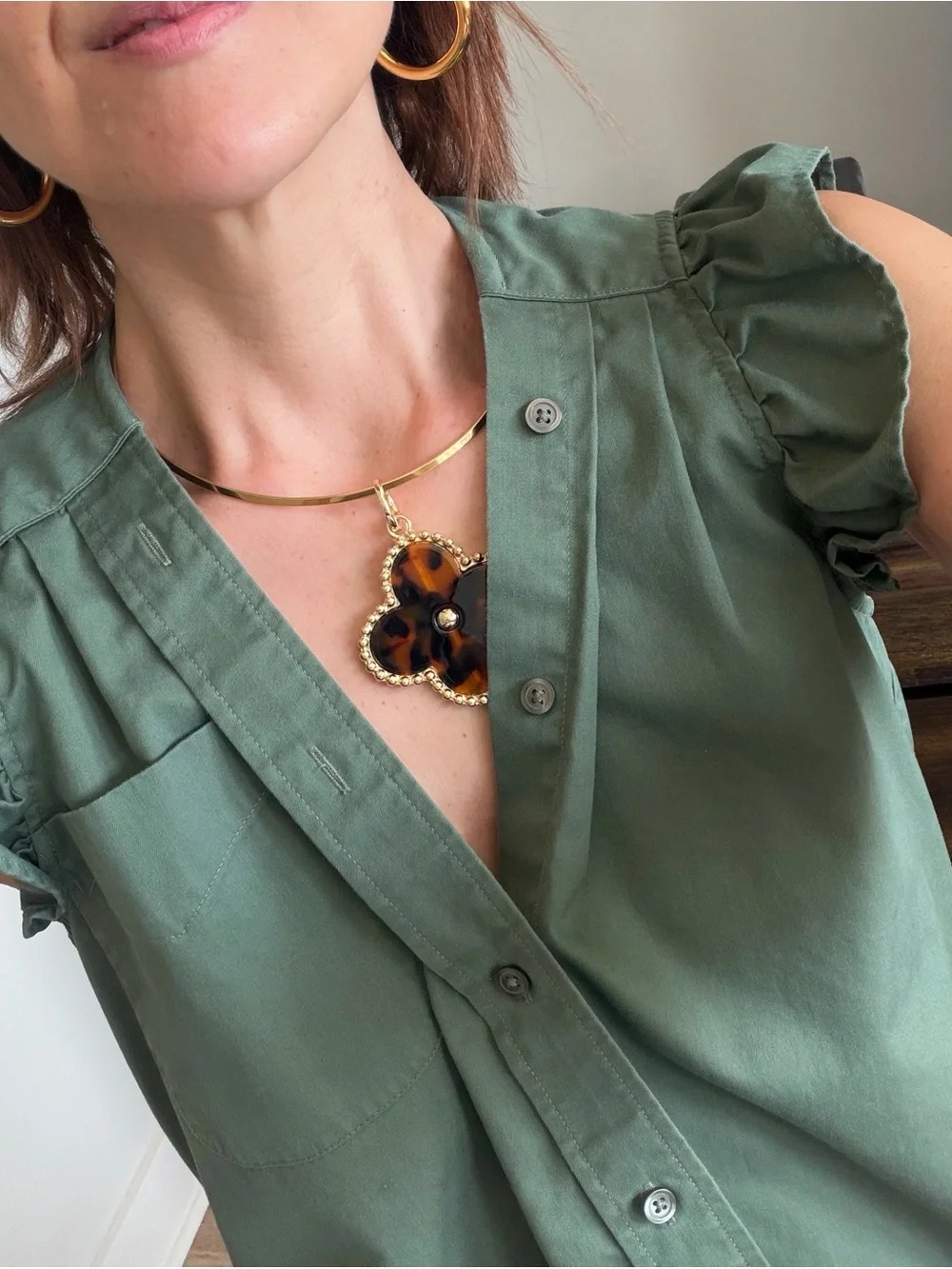 KMJ Ruffled Sleeve  Button-Front Top -  Green - Picture 3 of 14